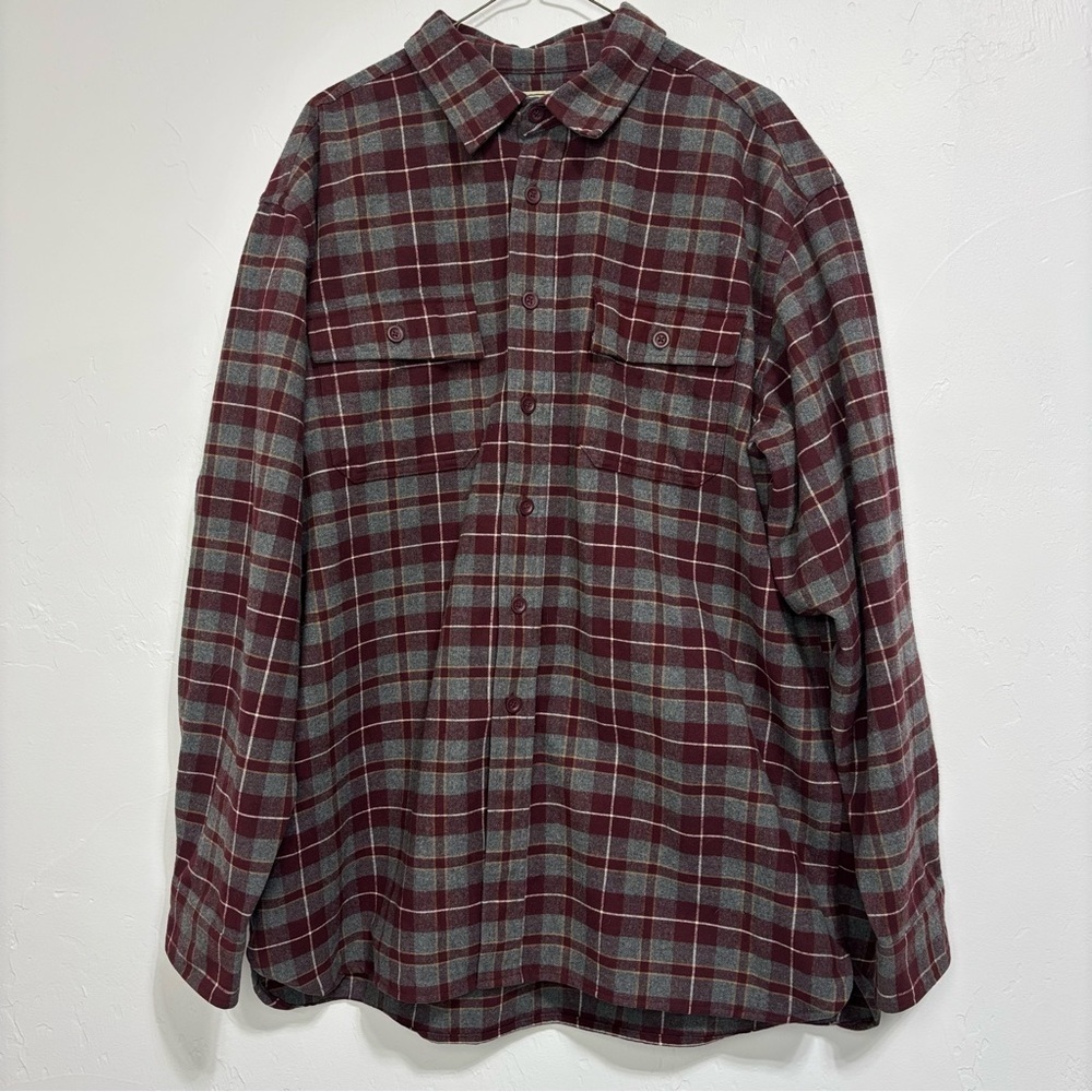 LL Bean Men's Flannel Plaid Button Front Shirt XL Red Gray 100% Cotton Outdoor